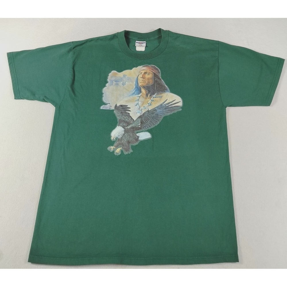 Vintage Jerzees Shirt Mens Large Green Native American Eagle Graphic Tee 90s